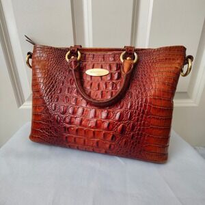 Brahmin Mini Asher Tote Croc Embossed Leather Tote Satchel Pecan Brown Handbag